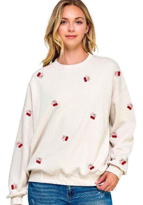Fleece Relaxed Fit Sweatshirt With Cherry Emb