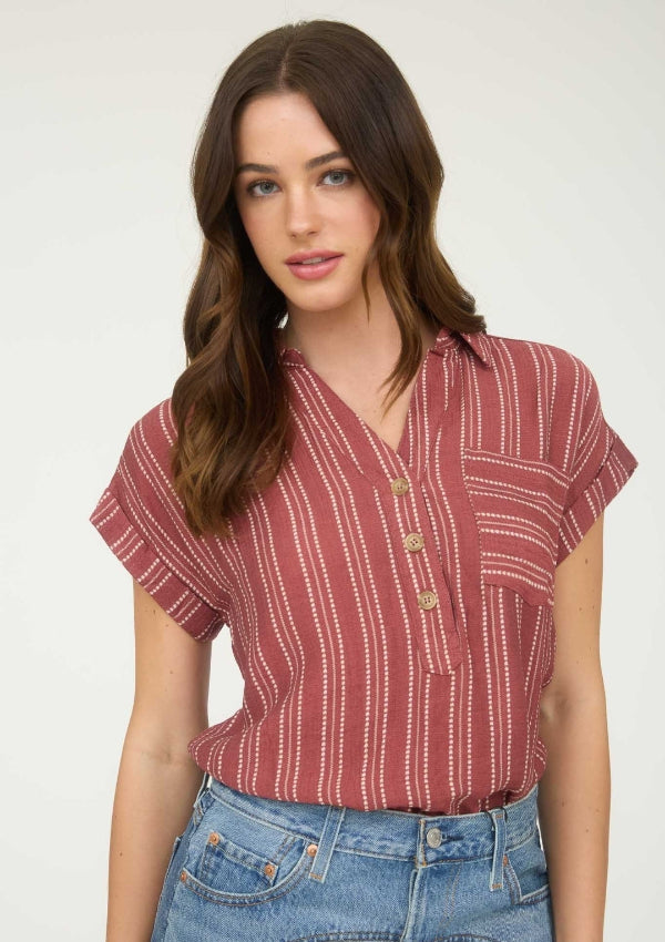 Stripe Half Button Collared Short Sleeve Shirt