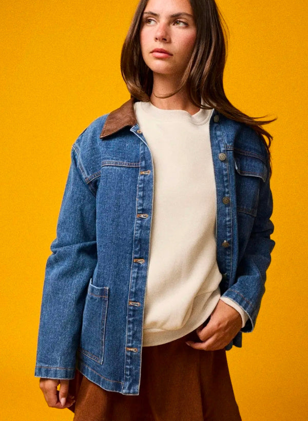 Washed denim contrast w/ suede collar Jacket