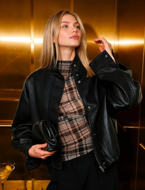 Faux Leather Mock Neck Zip-Up Bomber Jacket