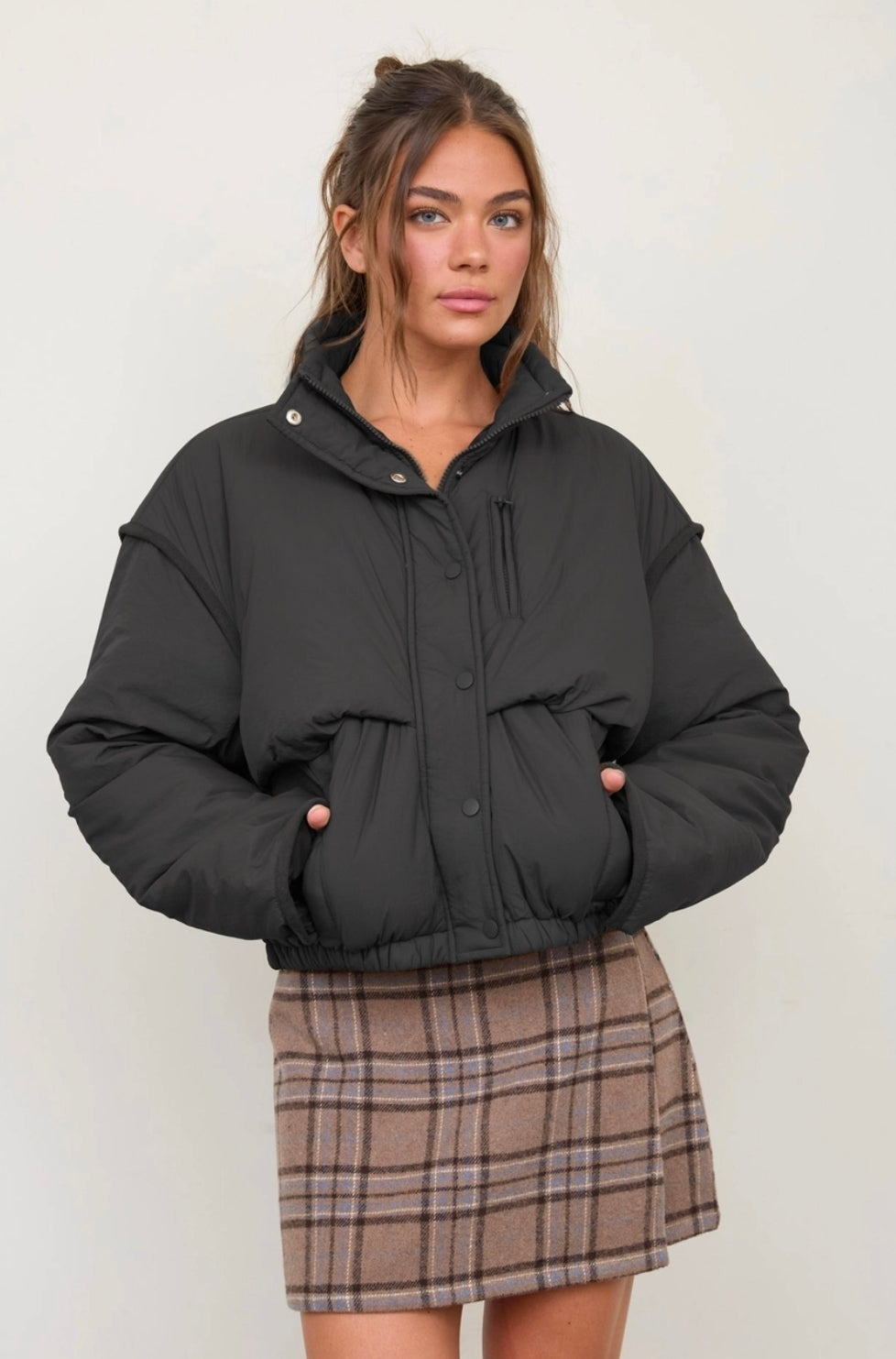 Stand Collar Snap Button Puffer Crop Jacket
