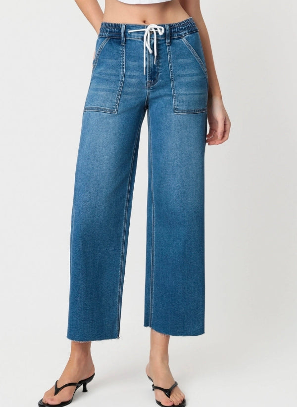 High Rise Super Soft Fabric Drawstring Baggy Wide Jean
