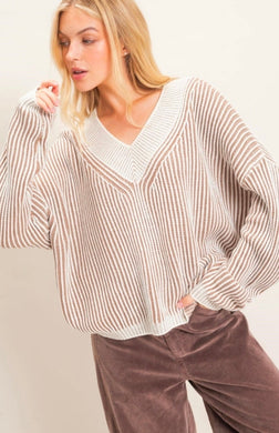 Striped V-Neck Ribbed Sweater