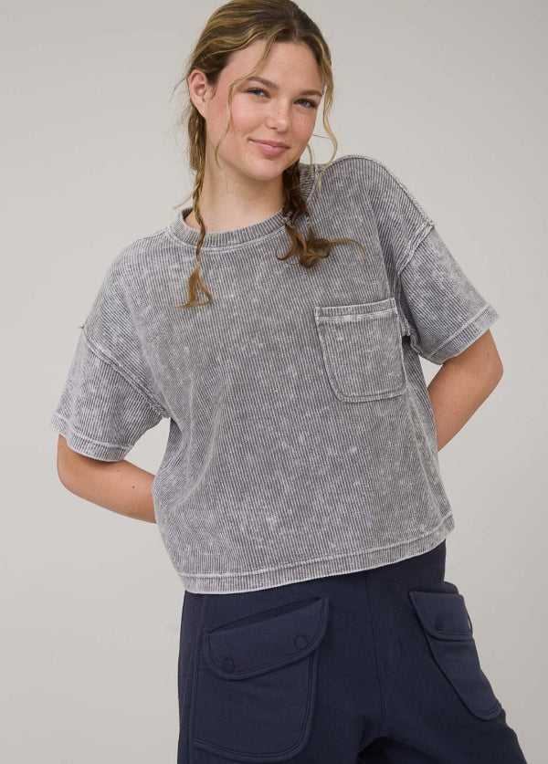 Washed Ribbed Short Sleeve Tee With Pocket