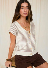 Stripe Scoop Neck Raw Edge Short Sleeve Cardigan
