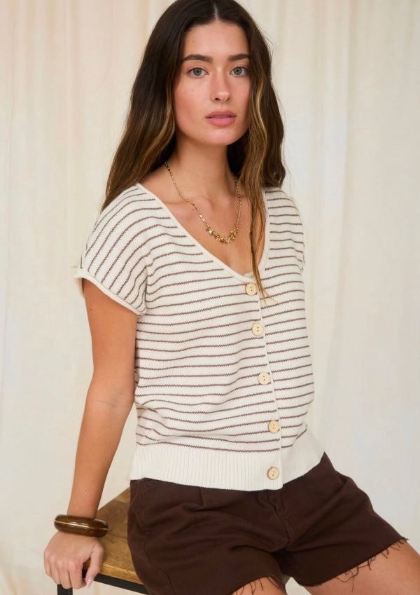 Stripe Scoop Neck Raw Edge Short Sleeve Cardigan