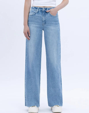 High Rise Clean Cut Raw Hem Wide Jeans