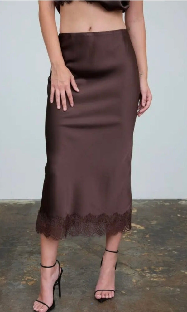 SATIN LACE HEM BACK SLIT PENCIL MIDI SKIRT
