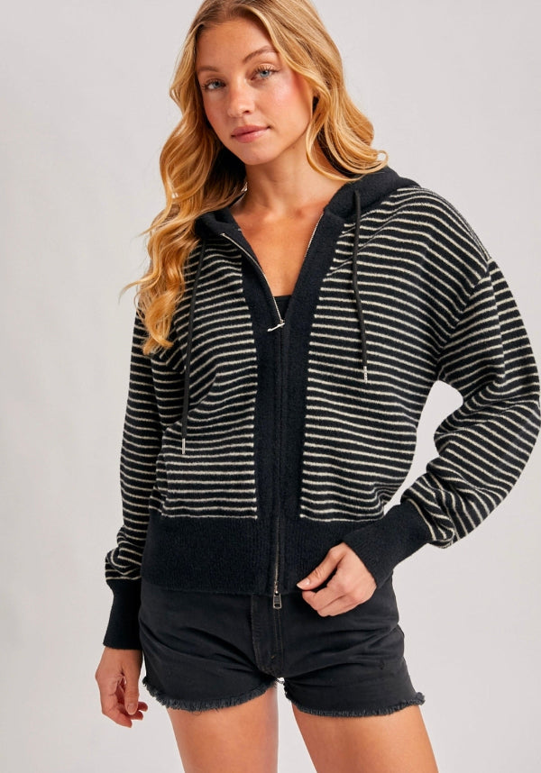 SRIPED ZIPPER FRONT KNIT HOODIE JACKET