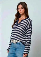 STRIPE RAW EDGE SPLIT NECK SHEER KNIT SWEATER