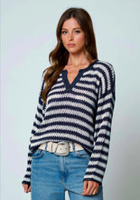 STRIPE RAW EDGE SPLIT NECK SHEER KNIT SWEATER