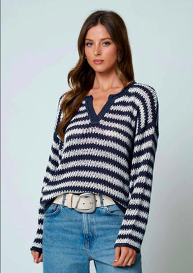 STRIPE RAW EDGE SPLIT NECK SHEER KNIT SWEATER
