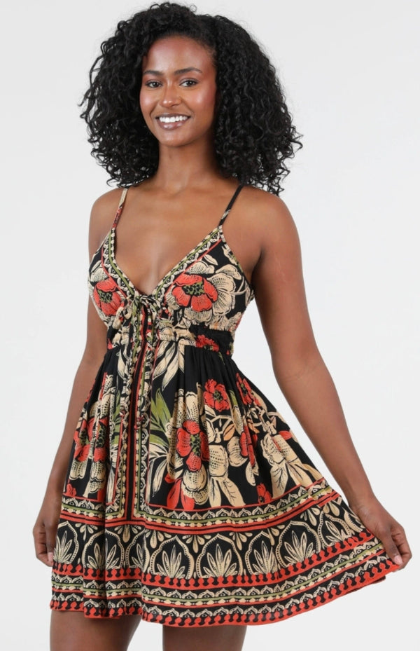 V Neck Printed Dress with Pockets