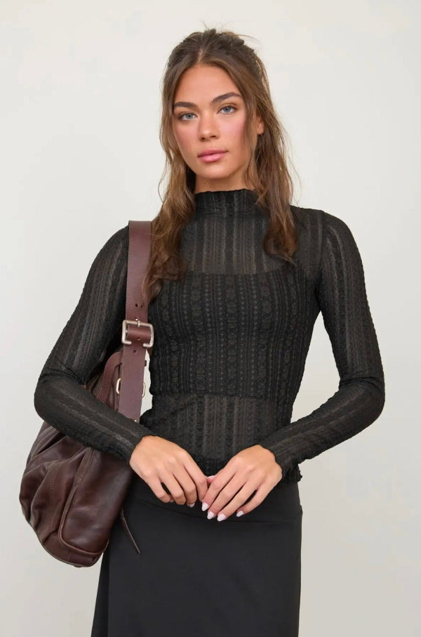 Stripe Lace Sheer Pattern Long Sleeve Knit Top
