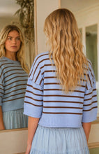 Stripe Raw Edge Drop Shoulder Short Sleeve Sweater
