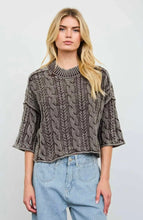 WASHED 3/4 SLEEVE TURTLENECK CABLE KNIT PULLOVER