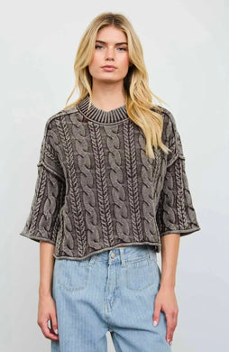 WASHED 3/4 SLEEVE TURTLENECK CABLE KNIT PULLOVER