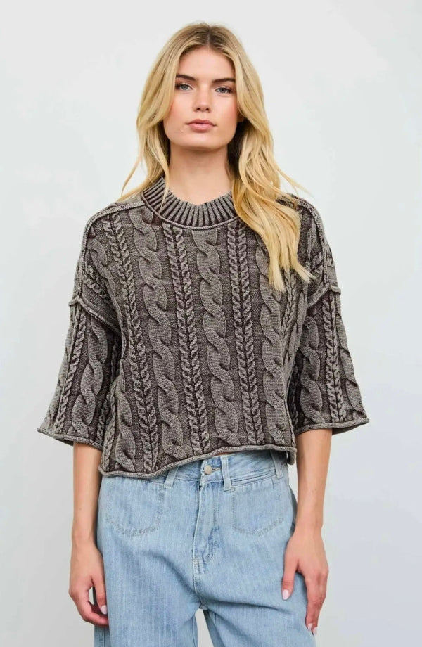 WASHED 3/4 SLEEVE TURTLENECK CABLE KNIT PULLOVER