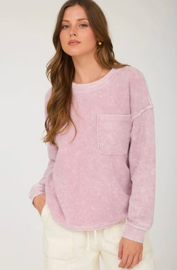 Washed Pocket Detail Long Sleeve Rib Knit Top