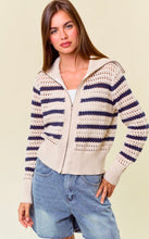 Zip-Up Striped Pointelle Open Knit Sweater Jacket -