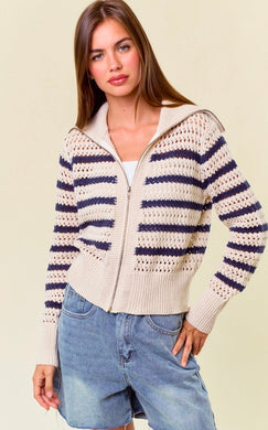 Zip-Up Striped Pointelle Open Knit Sweater Jacket -
