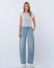 High Rise Striped Raw Hem Crop Barrel Jeans