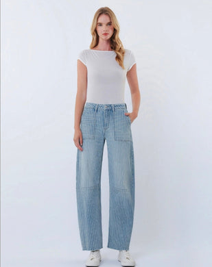 High Rise Striped Raw Hem Crop Barrel Jeans