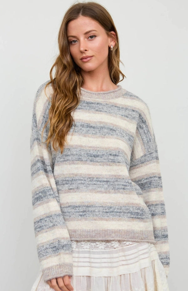 Heathered Multi-Stripe Raw Edge Knit Sweater