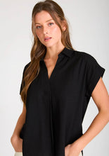 COLLARED SPLIT NECK CUFF SLEEVE U HEM LINEN TOP