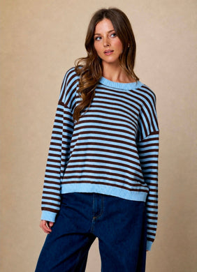 Stripe Relaxed Back Button Detail Knit Sweater