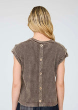 Acid Washed Tab Sleeve Back Button Knit Top