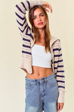 Zip-Up Striped Pointelle Open Knit Sweater Jacket -