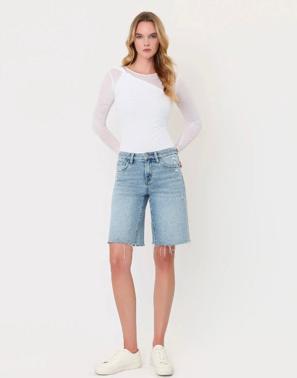Mid Rise Raw Hem Light Wash Denim Jorts