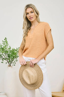 SPLIT NECK SHORT SLEEVE KNIT PULLOVER