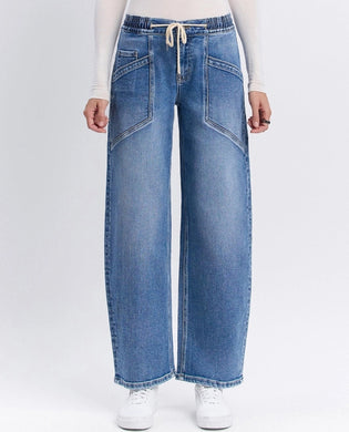 High Rise Drawstring Barrel Leg Denim