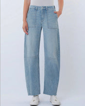 High Rise Striped Raw Hem Crop Barrel Jeans