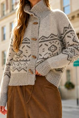 Mock Neck Toggle Button Fair Isle Knit Cardigan