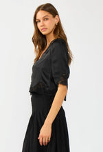 V-Neck Button Front Blouse with Lace Trim