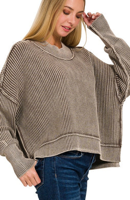 Washed Side Slit Oversized Cropped Sweater