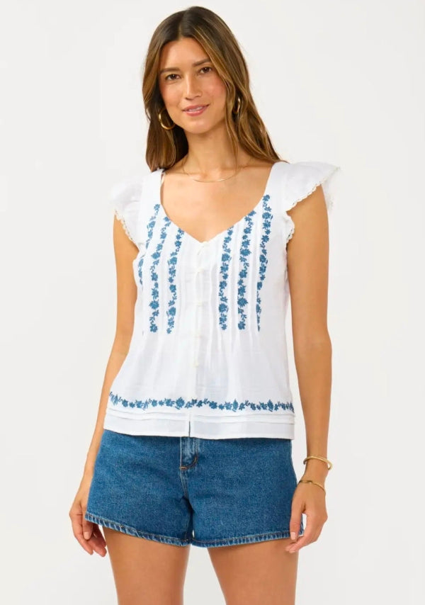 Ruffle Sleeve Embroidered Pintuck Top