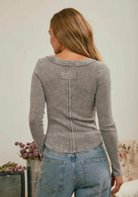 Washed Long Sleeve Ribbed Henley Knit Top
