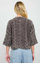 WASHED 3/4 SLEEVE TURTLENECK CABLE KNIT PULLOVER