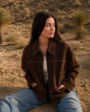 Studded Collared Zip-Up Suede Jacket
