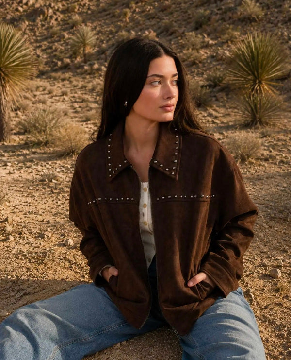 Studded Collared Zip-Up Suede Jacket