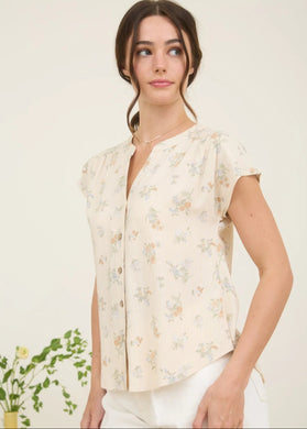 STRIPE FLORAL SHORT SLEEVE BUTTON DOWN TOP