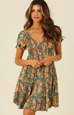 V Neck Smocked Bodice Short Sleeve Dress