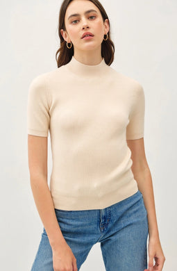 Mock Neck Short Sleeve Ribbed Knit Sweater