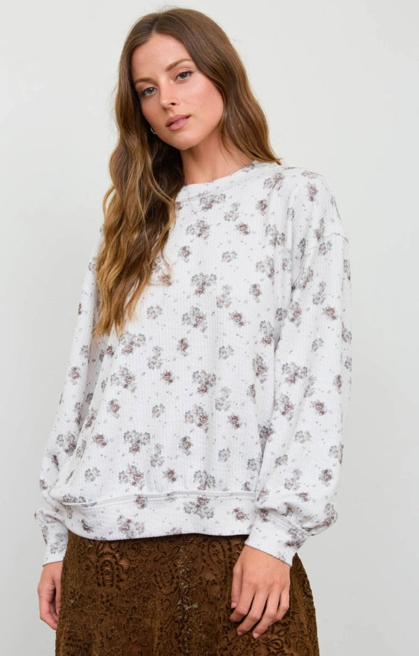 Floral Dot Print Long Sleeve Textured Knit Top
