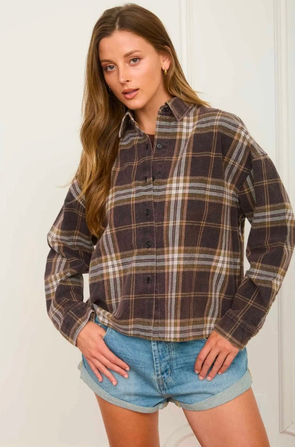 Plaid Button Down Collared Boxy Long Sleeve Shirt