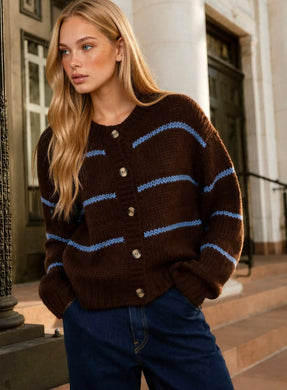 Stripe Jacquard Button Down Knit Cardigan